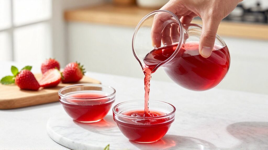 Manos de chef vertiendo una gelatina roja de fresa en pequeños cuencos de cristal.