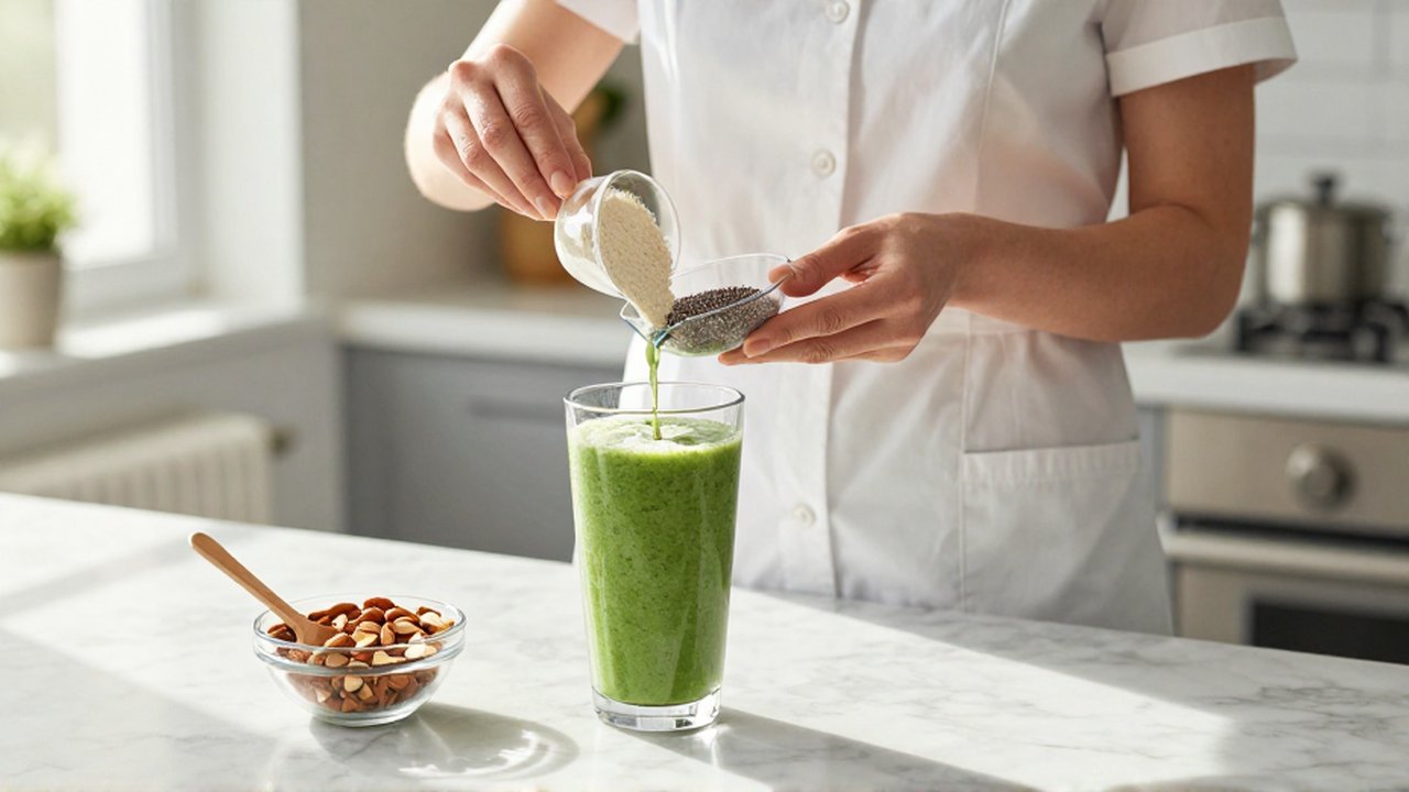 Nutricionista midiendo ingredientes saludables en una cocina luminosa junto a un batido verde.
