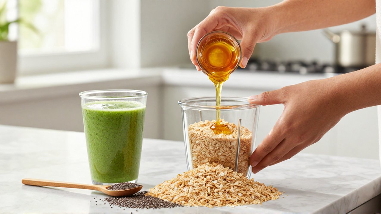 Manos vertiendo exceso de miel y granola en un vaso de licuadora sobre un mostrador.