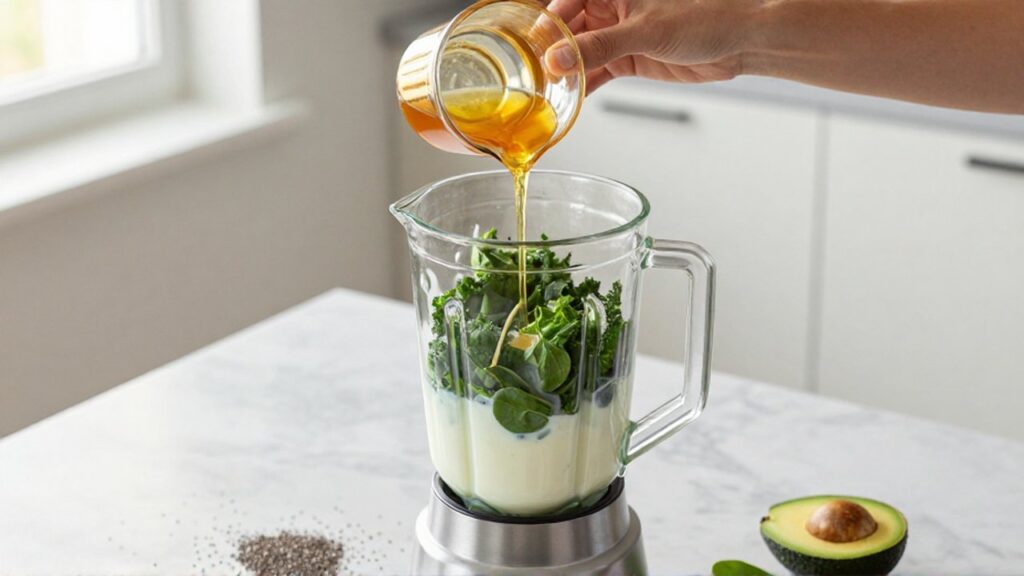 Manos vertiendo exceso de miel y yogur en una licuadora con vegetales verdes sobre una encimera de mármol.