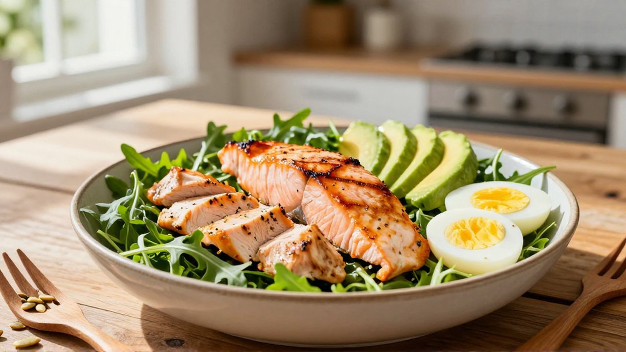 Ensalada de pollo a la parrilla, salmón, aguacate y huevo sobre una mesa de madera iluminada por el sol.