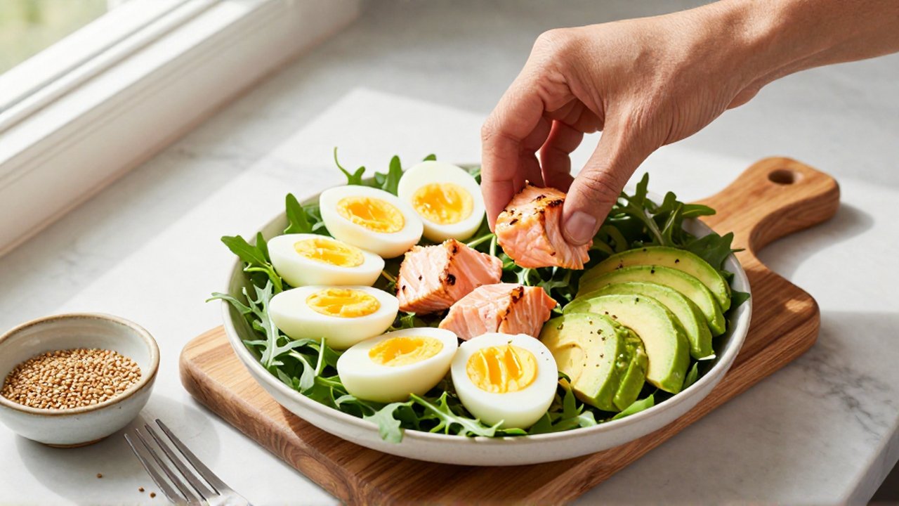 Una mano coloca trozos de salmón y huevo sobre una ensalada de rúcula y aguacate.