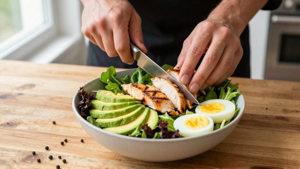 Manos de un chef cortando tiras de pollo a la parrilla sobre una ensalada con aguacate.
