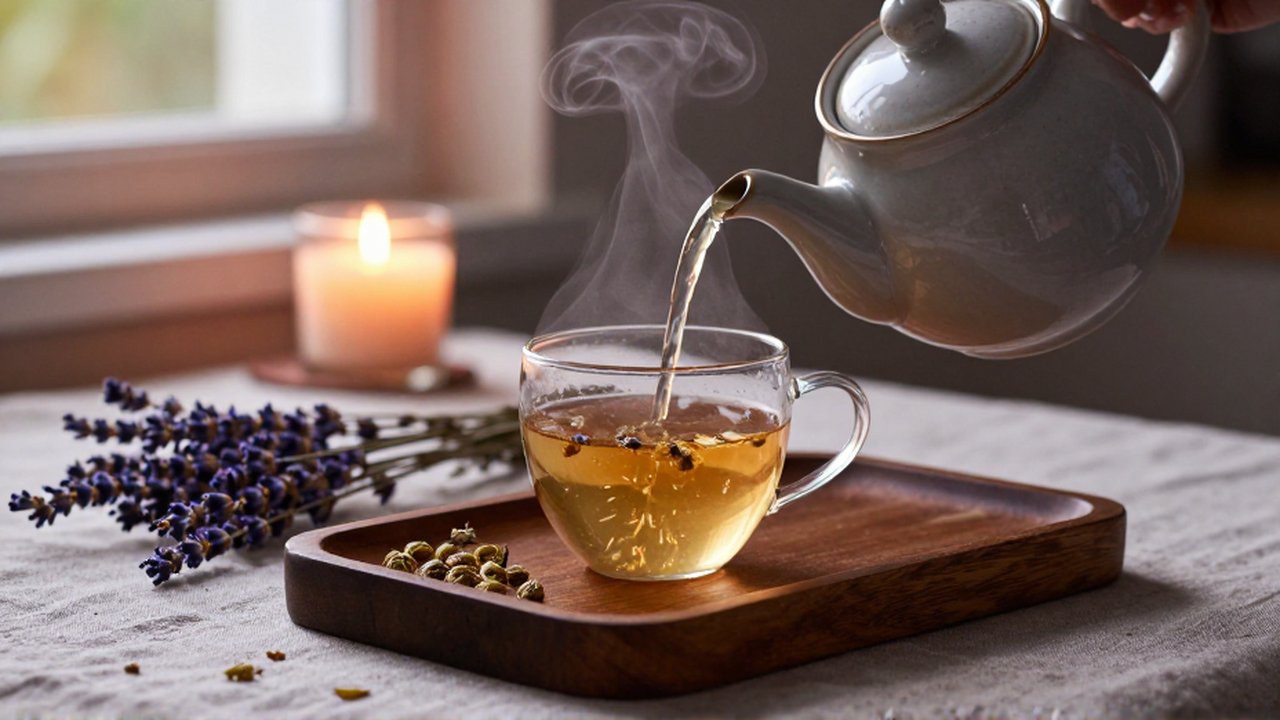 Una tetera de cerámica vierte té de manzanilla humeante en una taza de cristal sobre una mesa rústica.