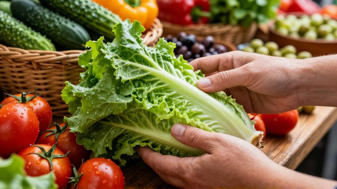Manos inspeccionan lechuga fresca y tomates rojos en un puesto de mercado rústico.