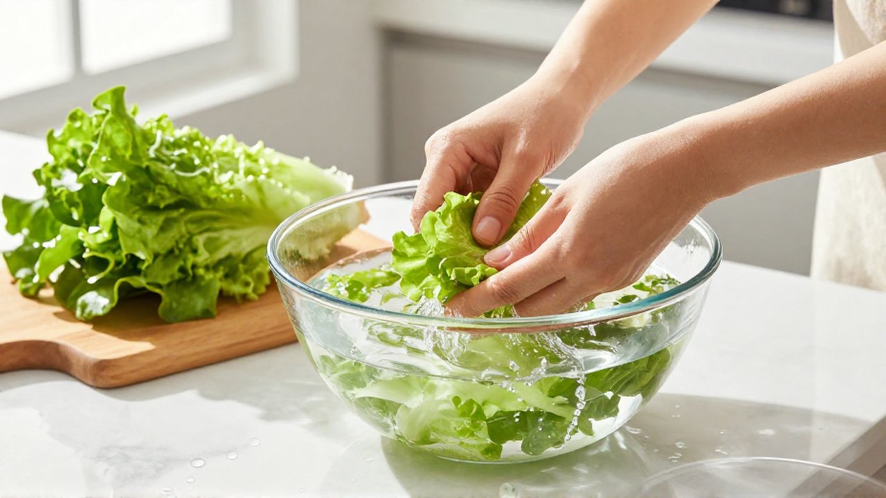 Manos lavando hojas de lechuga fresca en un bol de vidrio sobre una encimera de mármol.
