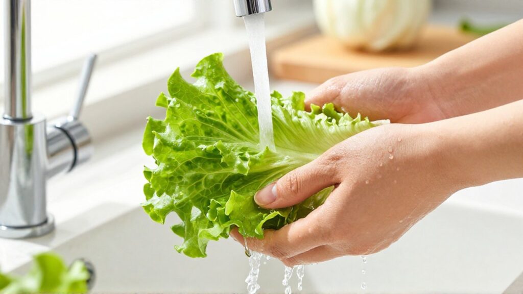 Manos lavando hojas de lechuga verde bajo un chorro de agua en una cocina luminosa.