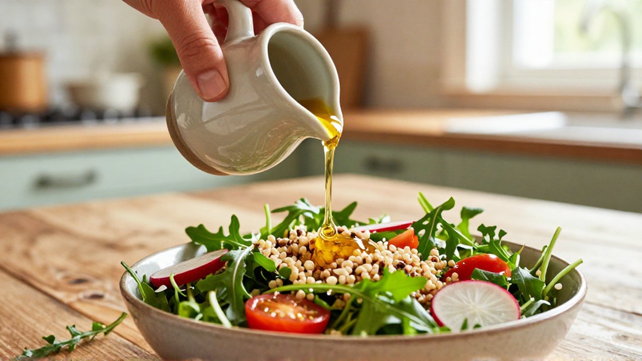 Una mano vierte vinagreta dorada sobre una ensalada fresca de quinoa y vegetales en una cocina iluminada.