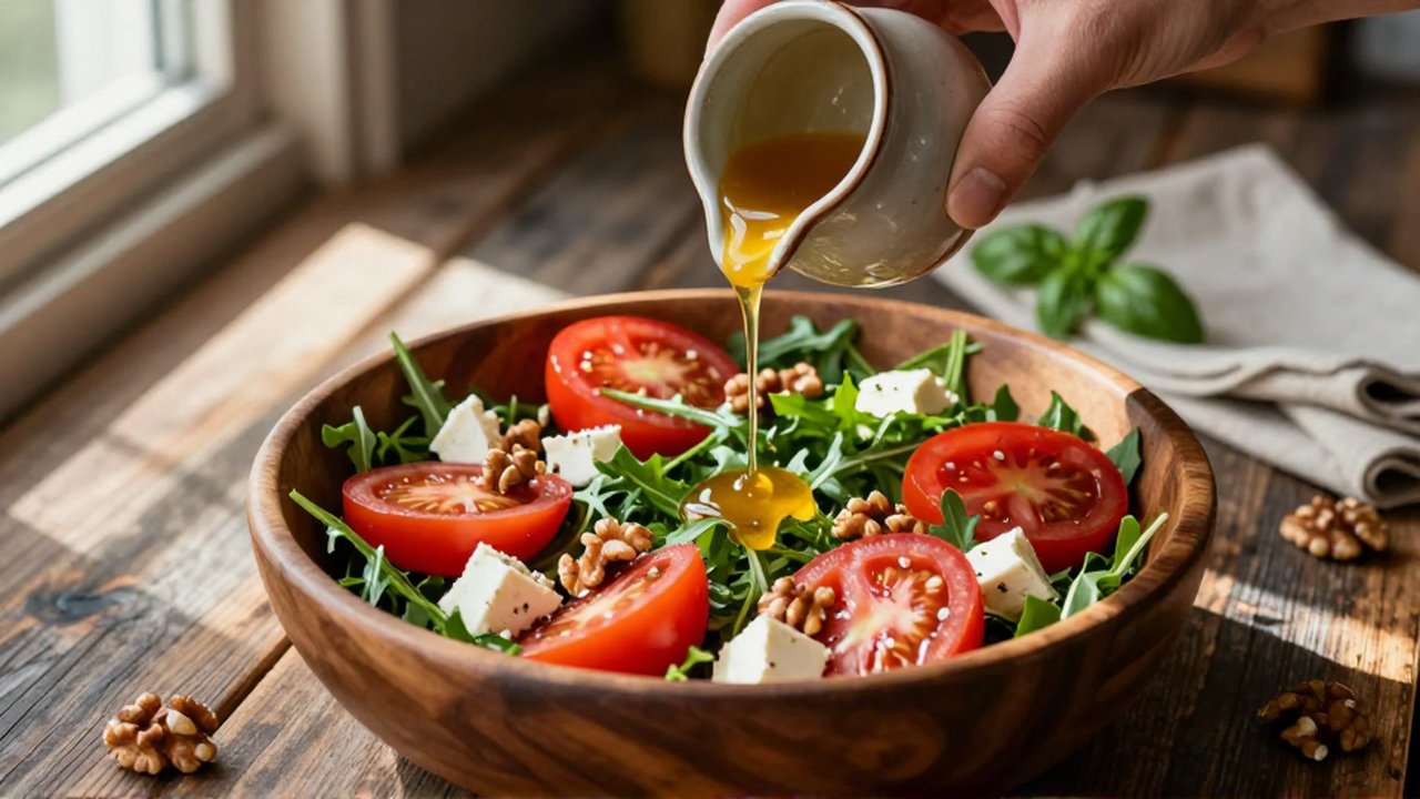 Una mano vierte vinagreta dorada sobre una ensalada de tomates, queso feta y rúcula en un cuenco de madera.