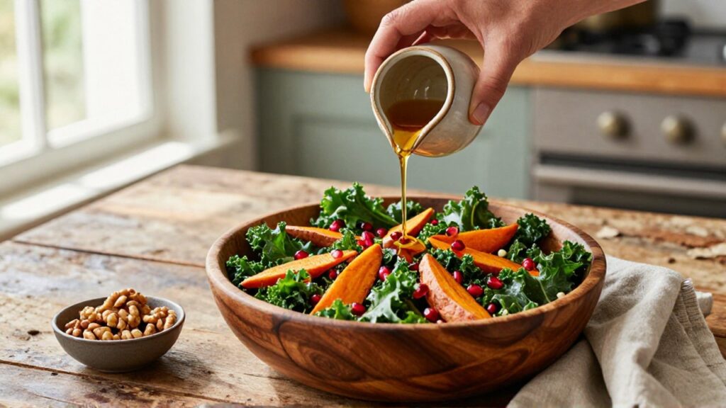 Manos vertiendo vinagreta sobre una ensalada de kale