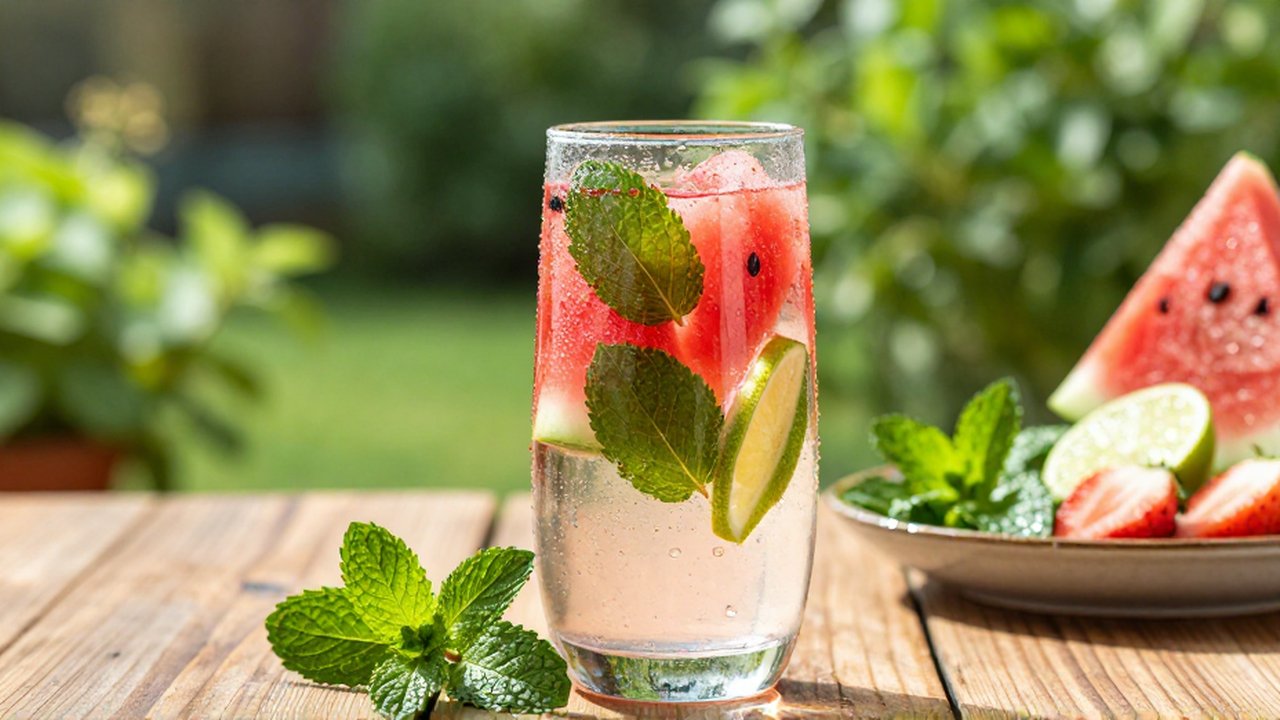 Vaso de agua con sandía, lima y menta sobre una mesa de madera en un jardín soleado.