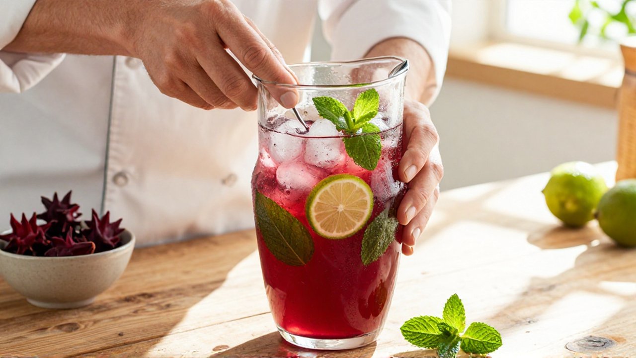Manos de un chef decorando una jarra de agua de hibisco y menta con rodajas de lima.