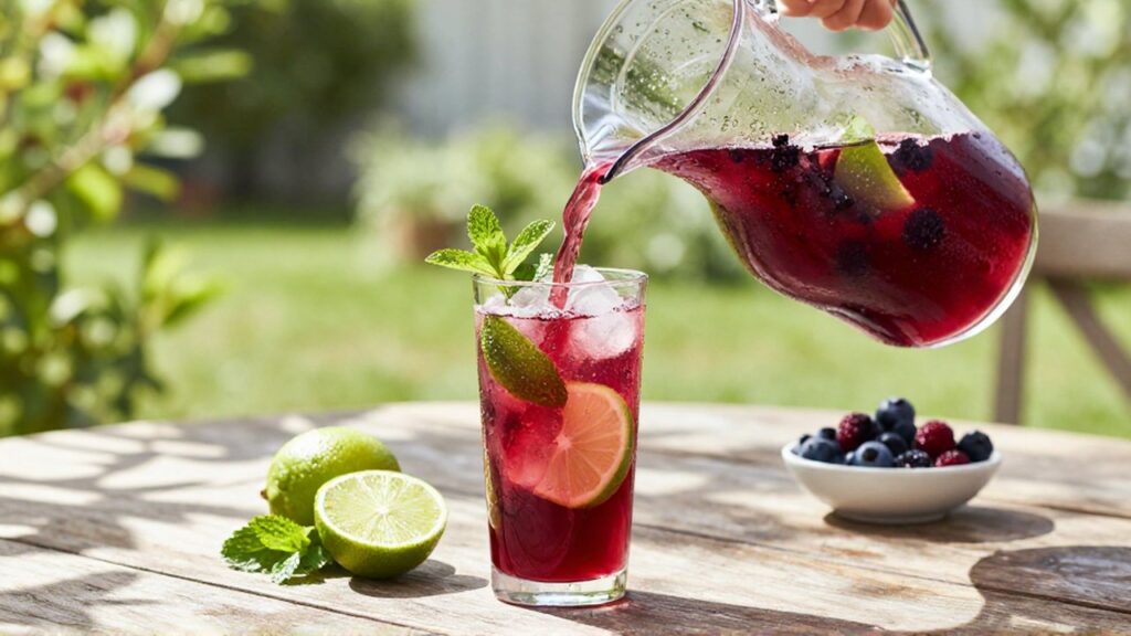 Agua fresca de hibisco y lima vertiéndose desde una jarra con hielo y menta sobre una mesa de madera.