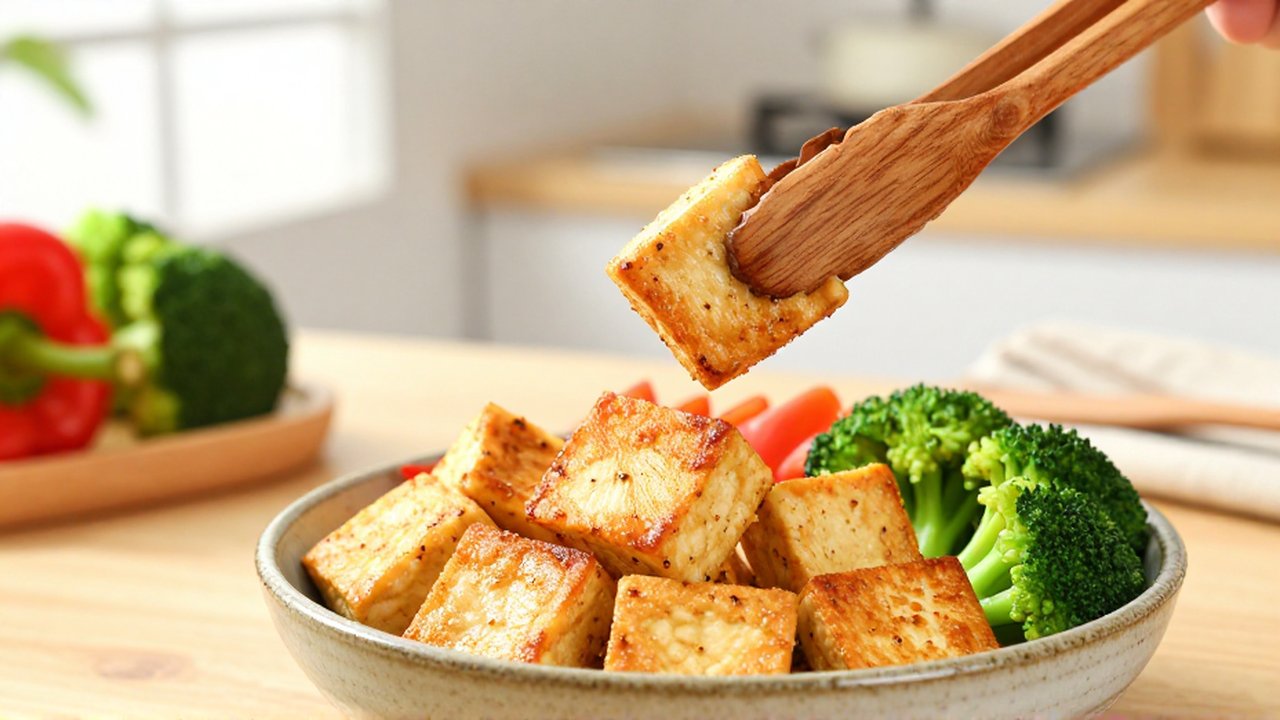 Unas pinzas de madera levantan un cubo de tofu dorado en un bol con brócoli y pimientos.