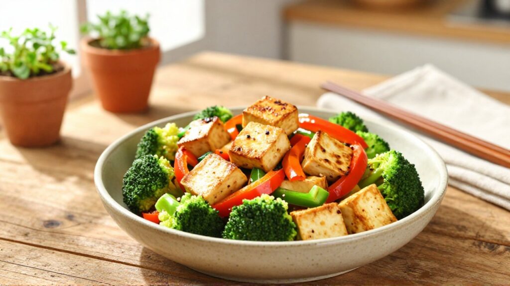 Cubos de tofu dorado se sirven sobre brócoli y pimientos en un cuenco de cerámica.