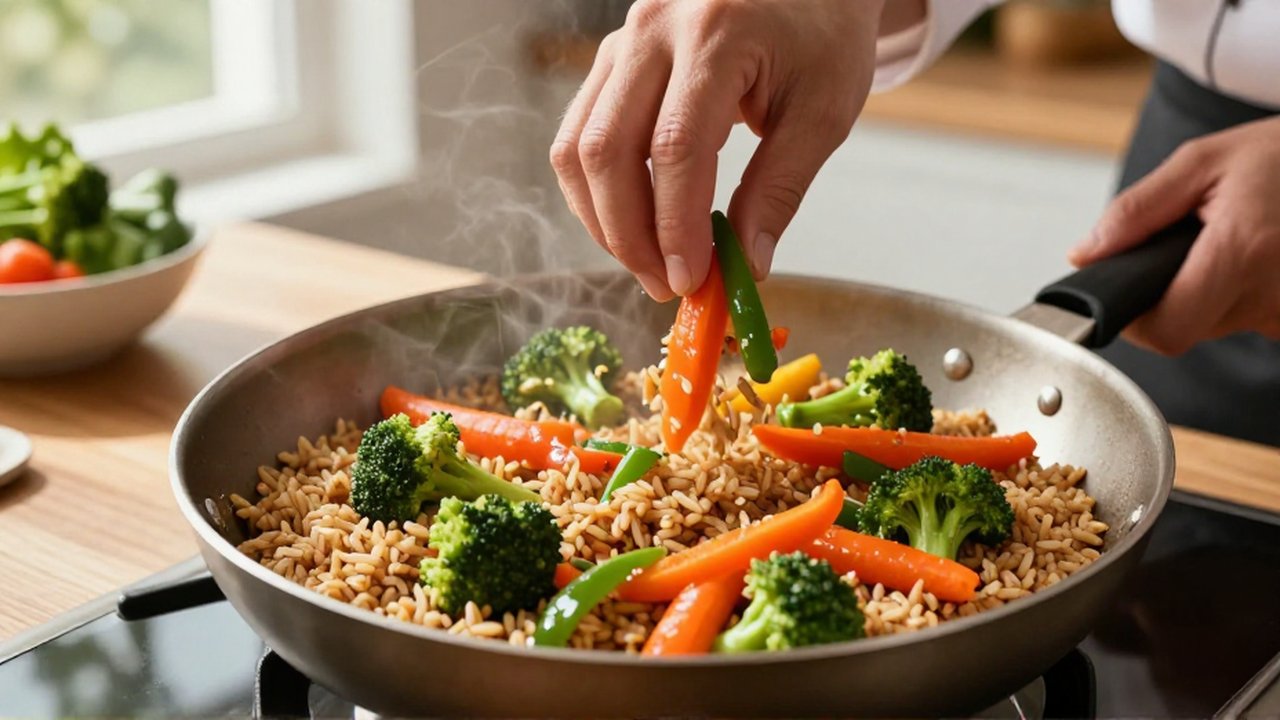 Manos de chef salteando vegetales coloridos con arroz integral en una sartén dentro de una cocina luminosa.