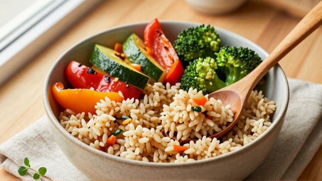 Un tazón de cerámica con arroz integral y vegetales asados coloridos sobre una mesa de madera.