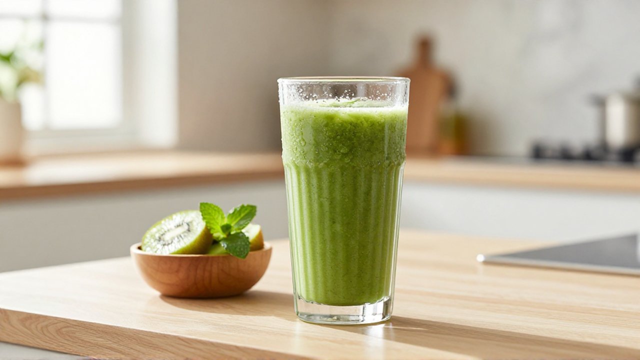 Smoothie verde en un vaso con rodajas de kiwi y menta sobre una encimera iluminada por el sol.