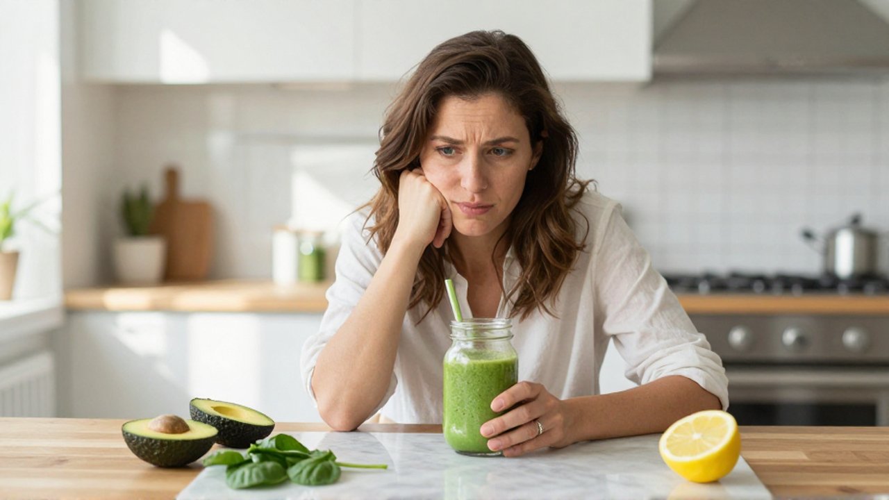 Mujer con expresión de duda observa un batido verde en una cocina luminosa y minimalista.