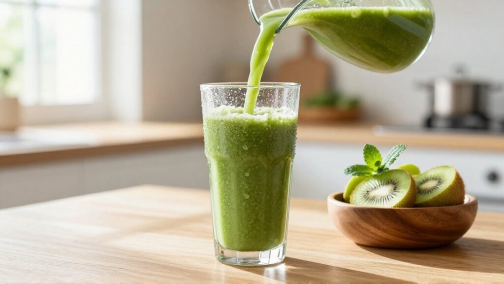 Un batido verde de frutas se vierte en un vaso junto a rodajas de kiwi en una cocina luminosa.
