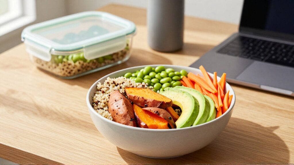 Un nutritivo Buddha bowl con vegetales frescos sobre un escritorio de madera en una oficina iluminada.