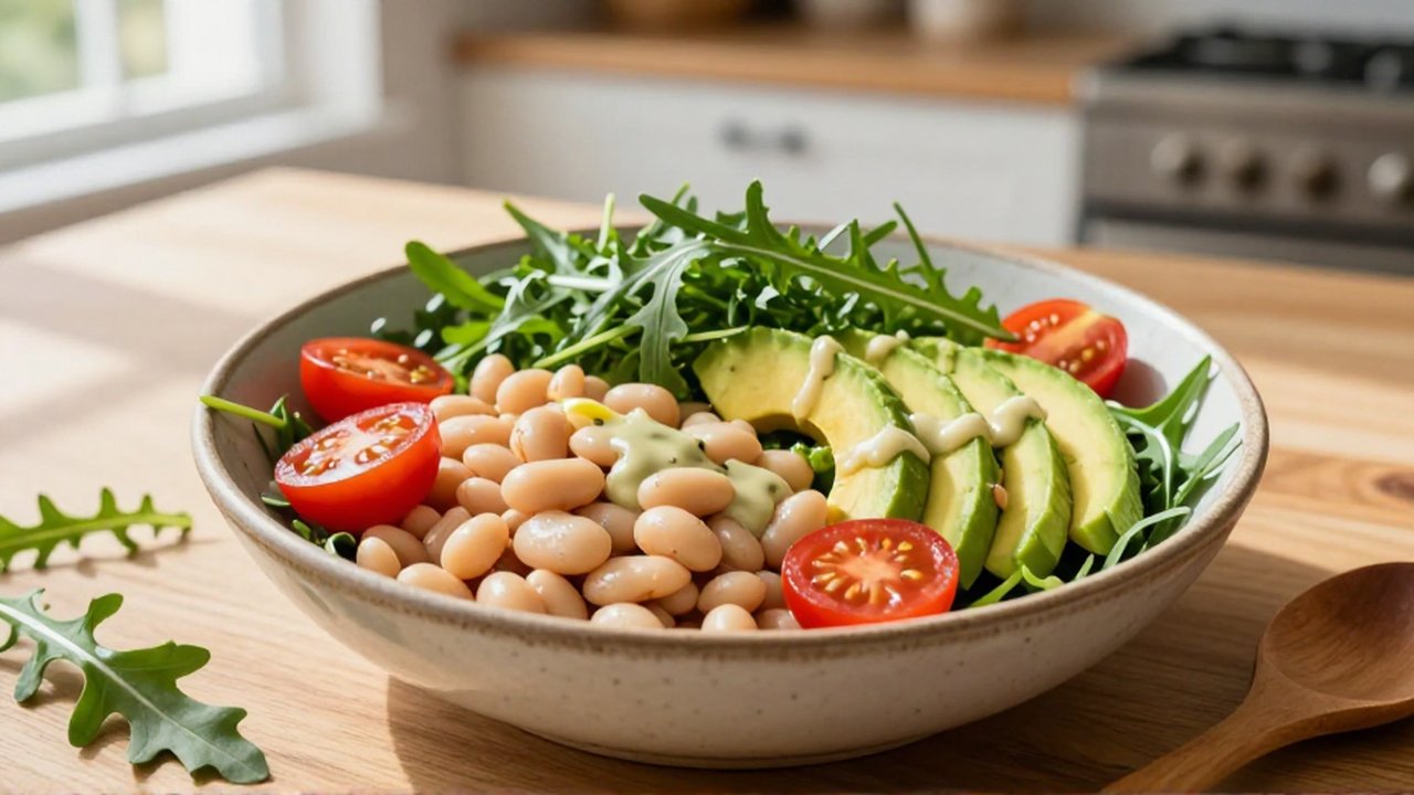 Ensalada de alubias blancas, tomates cherry, aguacate y rúcula con aderezo en un bol cerámico.