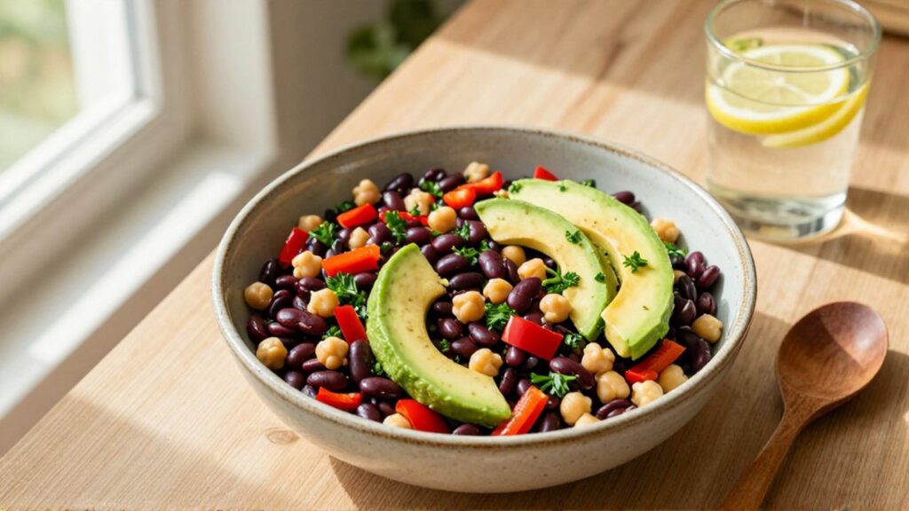 Ensalada de legumbres con aguacate y pimientos en un cuenco sobre una mesa de madera.