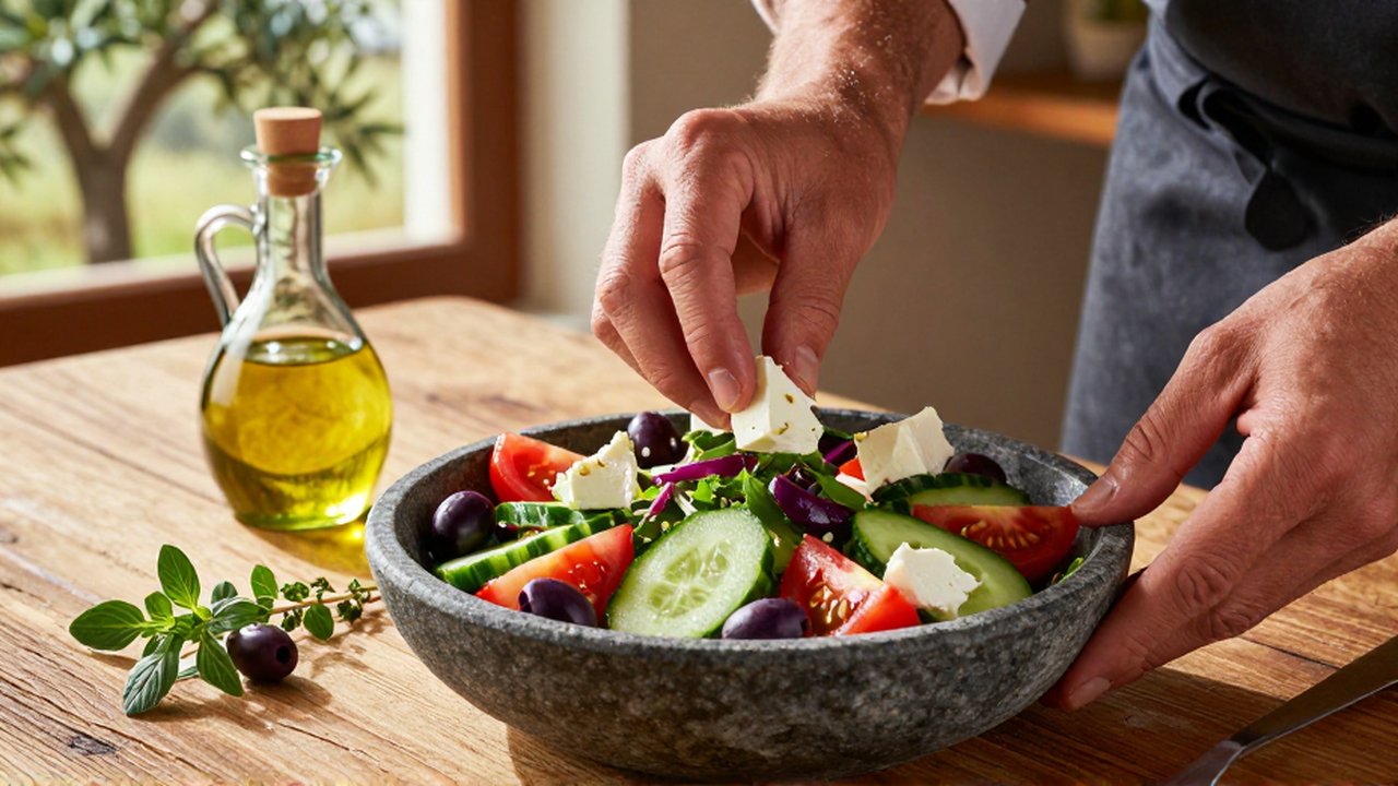 Manos de un chef arreglando una ensalada mediterránea con queso feta en una cocina soleada.