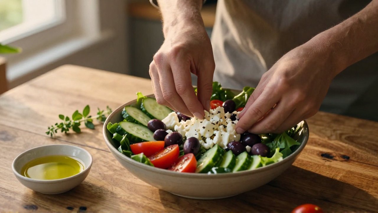 Manos preparando una ensalada mediterránea con tomates, pepinos, aceitunas y queso feta en un cuenco.