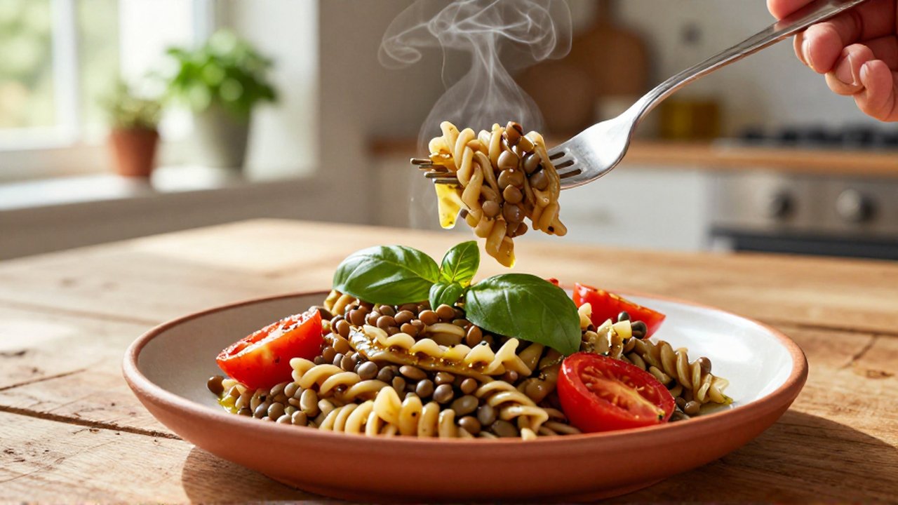 Un tenedor levanta pasta de lentejas con tomates cherry y albahaca sobre una mesa de madera.