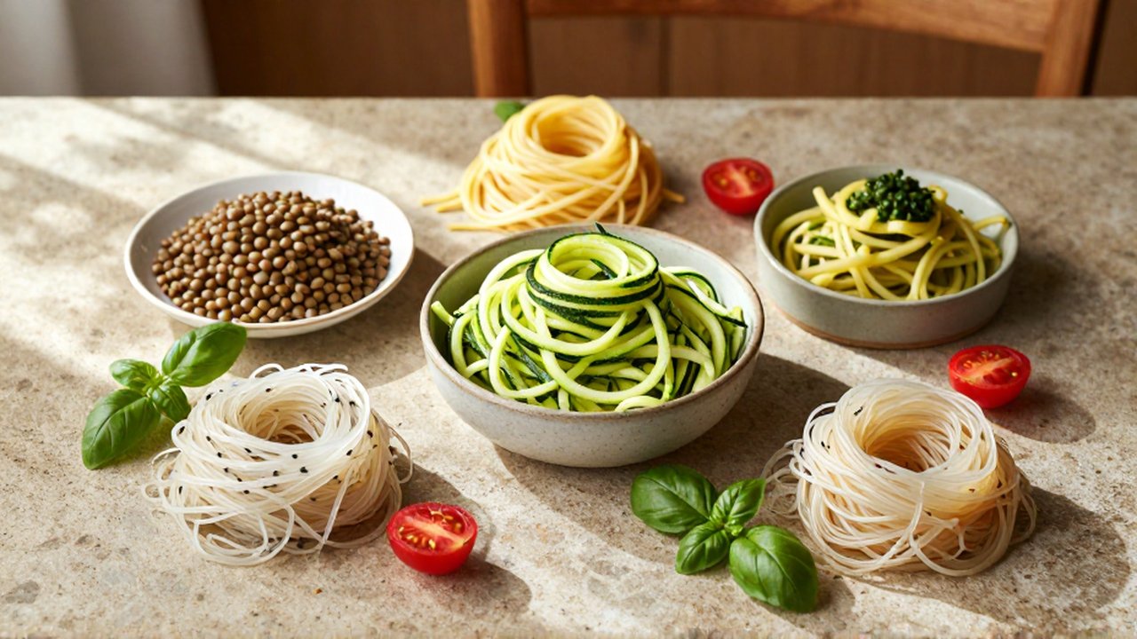 Variedad de pastas saludables, como calabacín y lentejas, dispuestas sobre una superficie de piedra rústica.