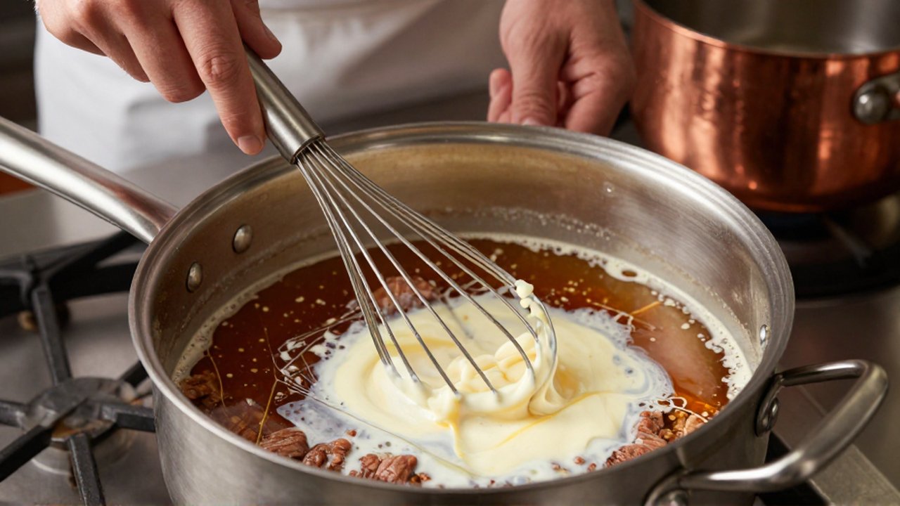 Manos de chef batiendo una mezcla de claras y carne en un caldo para clarificar.