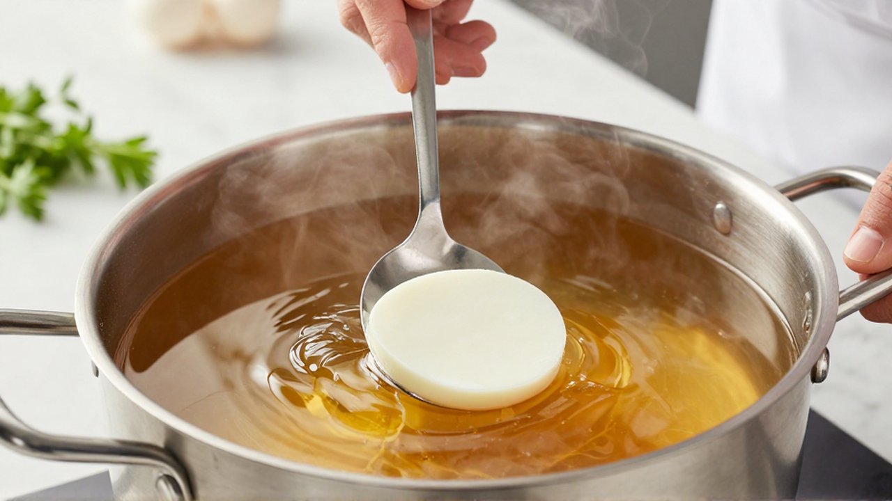 Un chef retira el resto de clara de huevo de un consomé de res transparente en una olla.