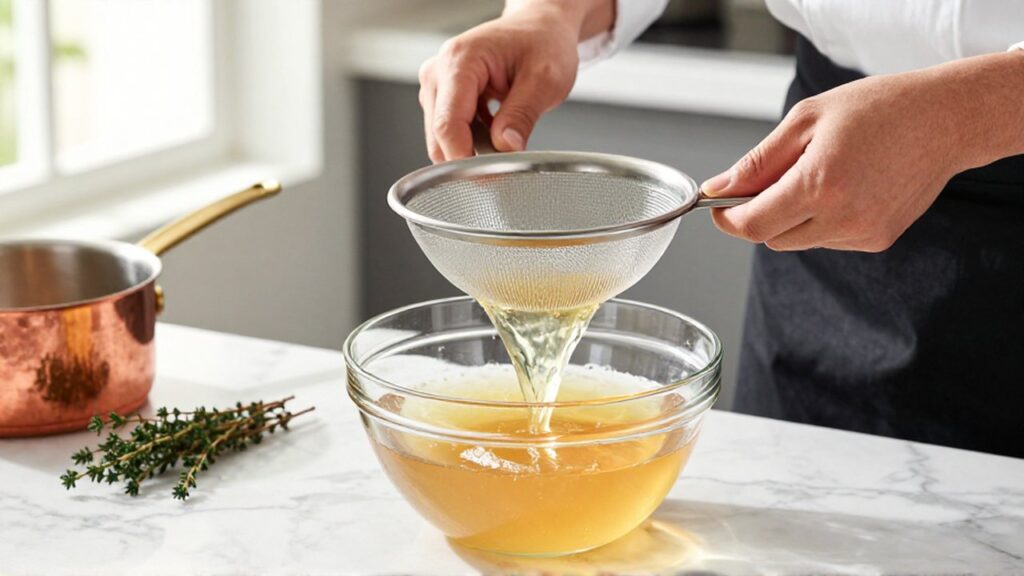 Manos de chef colando un consommé de res dorado y transparente con un chino sobre un cuenco de vidrio.