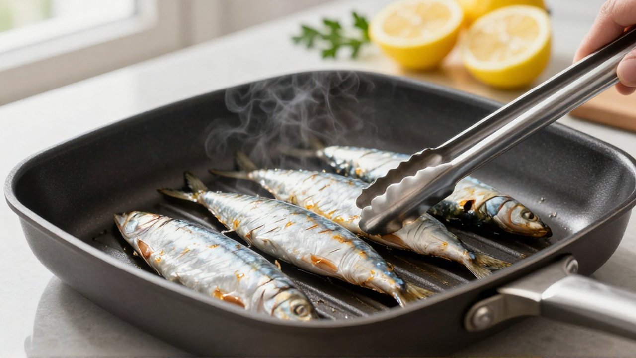 Sardinas enteras con marcas de parrilla se doran en una sartén con limones al fondo.