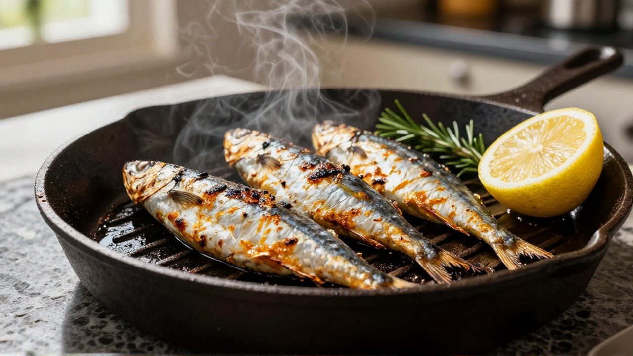 Sardinas doradas y crujientes se cocinan sobre una plancha de hierro fundido con limón y romero.