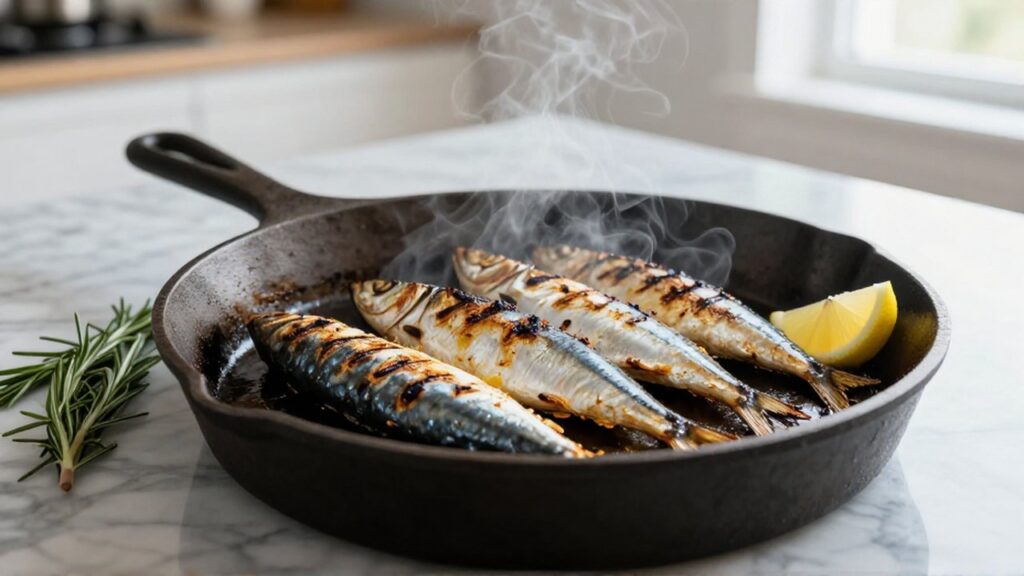Sardinas frescas con marcas de parrilla sobre una plancha de hierro en una cocina moderna.