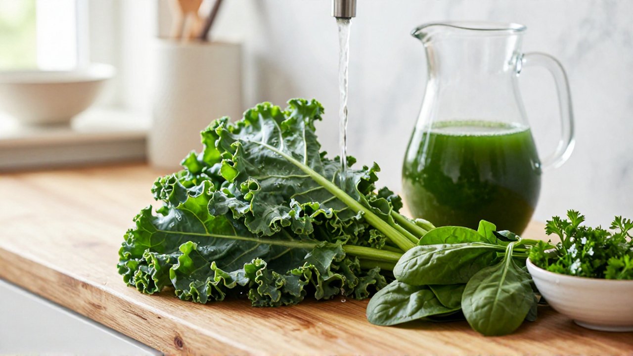 Hojas de kale y espinacas frescas se lavan bajo un chorro de agua en una cocina iluminada.