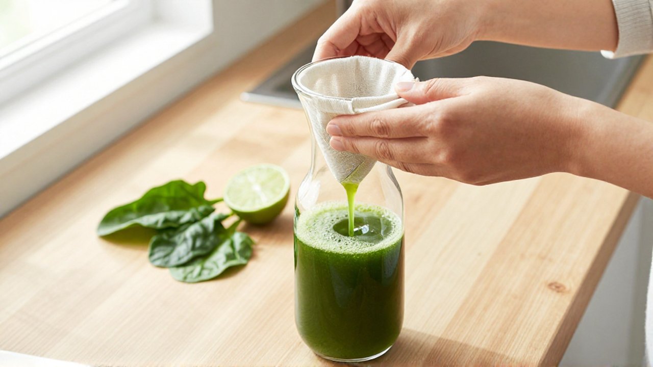 Manos colando un jugo verde vibrante a través de una tela sobre una jarra de vidrio.