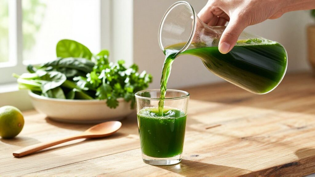 Manos vertiendo un jugo verde vibrante desde una jarra de cristal sobre una encimera de madera.