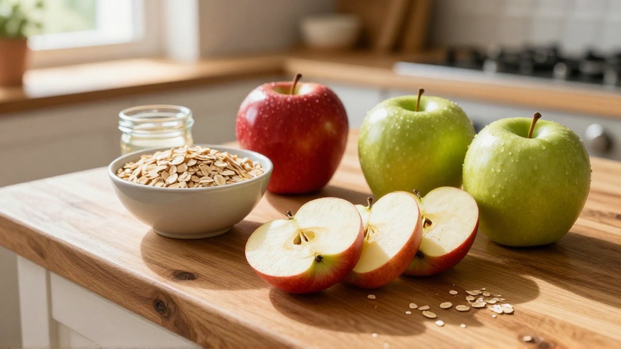 Rodajas de manzanas rojas y verdes junto a avena y aceite de coco sobre una encimera de madera.