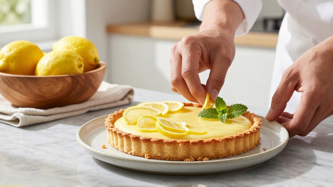 Un chef decora delicadamente una tarta de limón con rodajas finas y menta en una cocina luminosa.