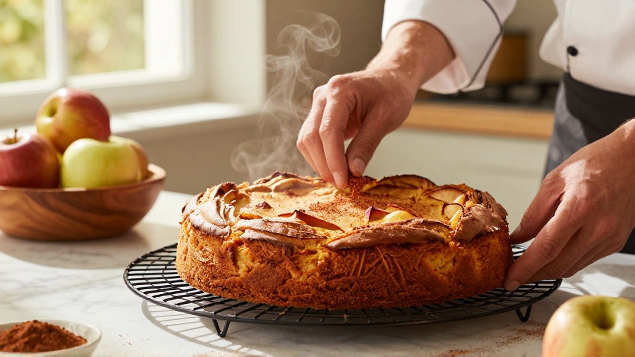 Un pastelero espolvorea canela sobre un postre de manzana recién horneado en una cocina luminosa.