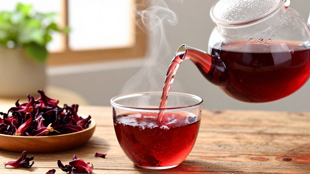 Té de hibisco rojo vertiéndose desde una tetera de cristal en una taza sobre una mesa de madera.