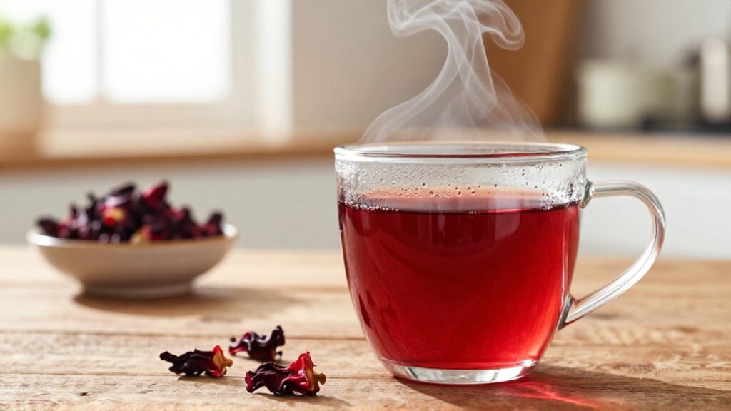 Taza de cristal con té de hibisco humeante sobre una mesa de madera rústica.