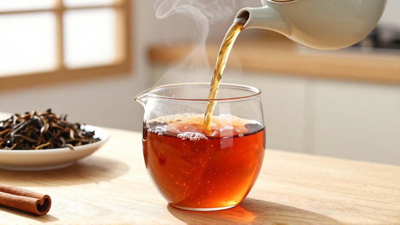 Té de color ámbar siendo vertido desde una tetera en una taza de cristal sobre una encimera de madera.