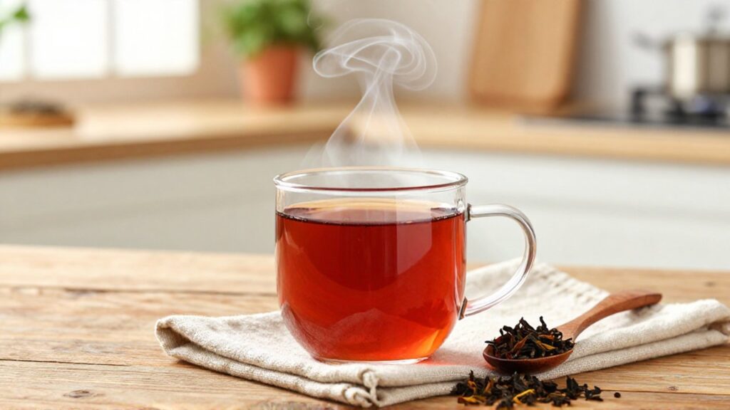 Taza de cerámica con té rojo humeante sobre una mesa de madera rústica en una cocina iluminada.