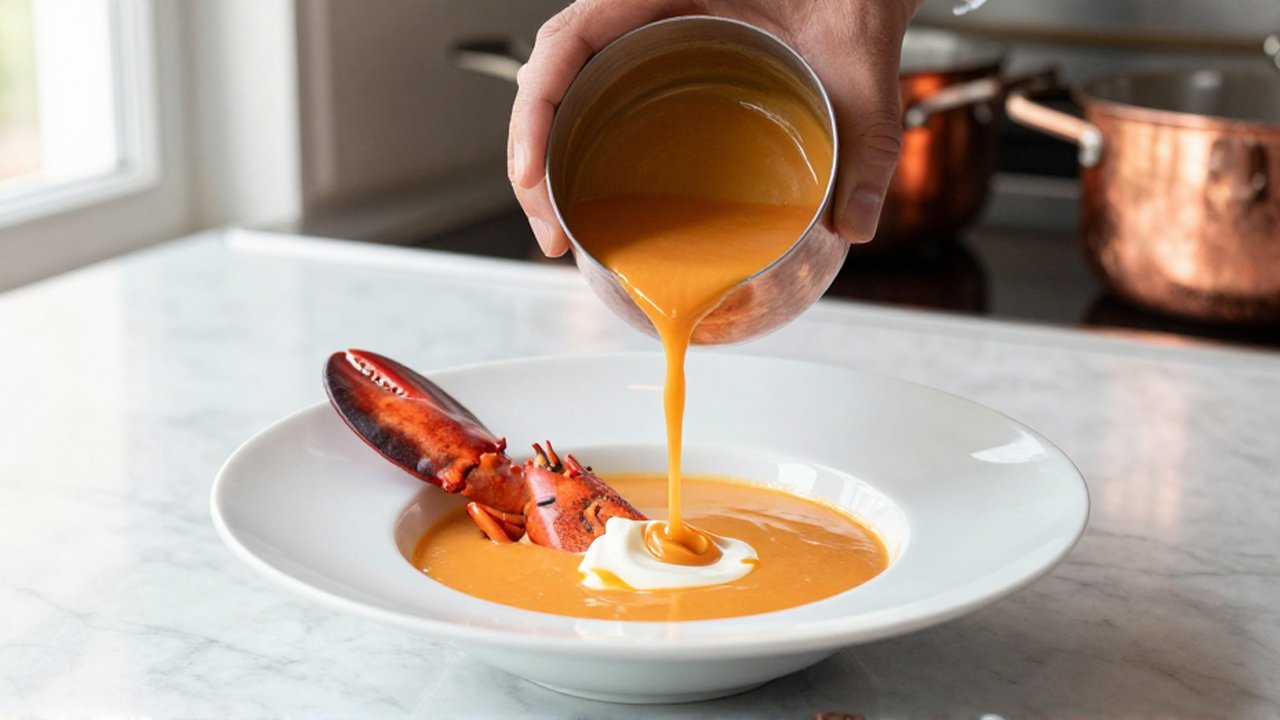 Manos de chef vertiendo crema de langosta naranja en un cuenco de porcelana con una pinza de langosta.