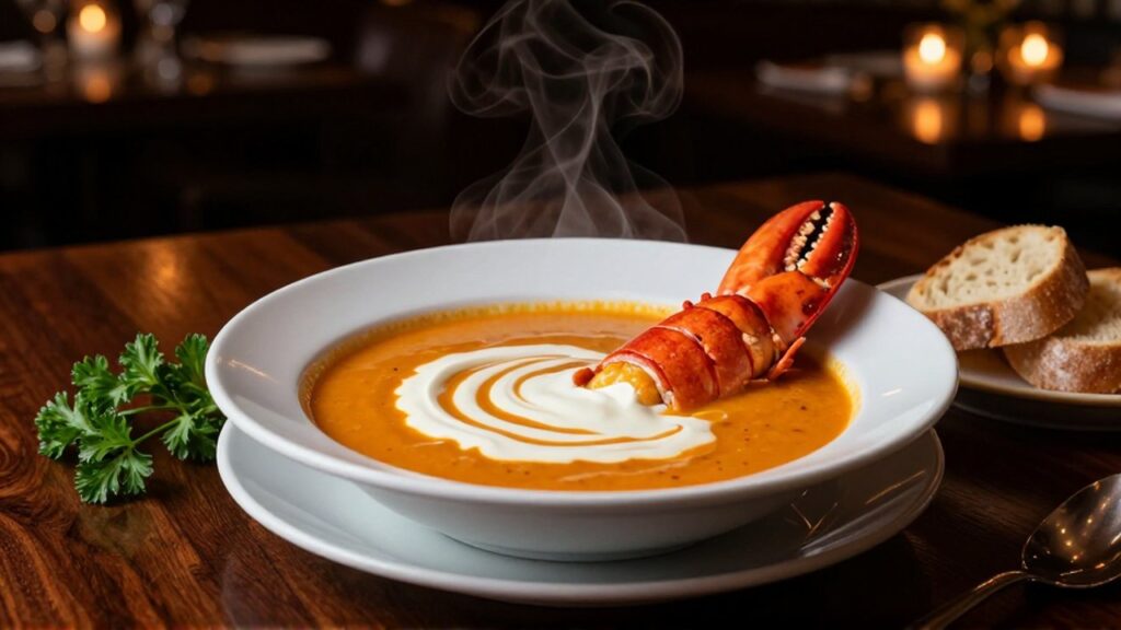 Crema de langosta con una pinza de marisco y pan sobre una mesa de madera.