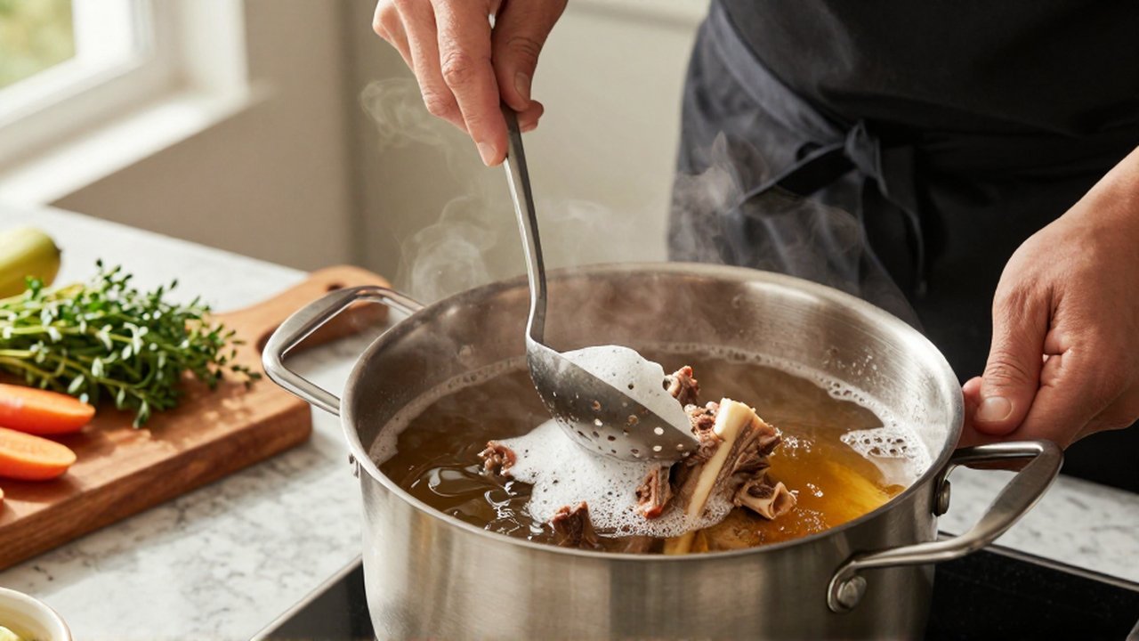 Un chef retira la espuma de un caldo de res en una cocina moderna.